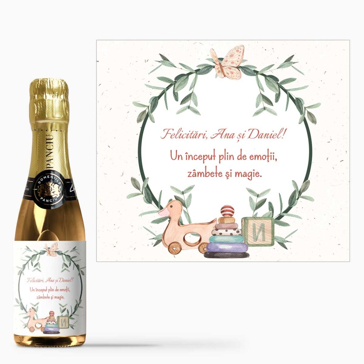 Mini sticluță de vin spumant personalizată cu text - Baby