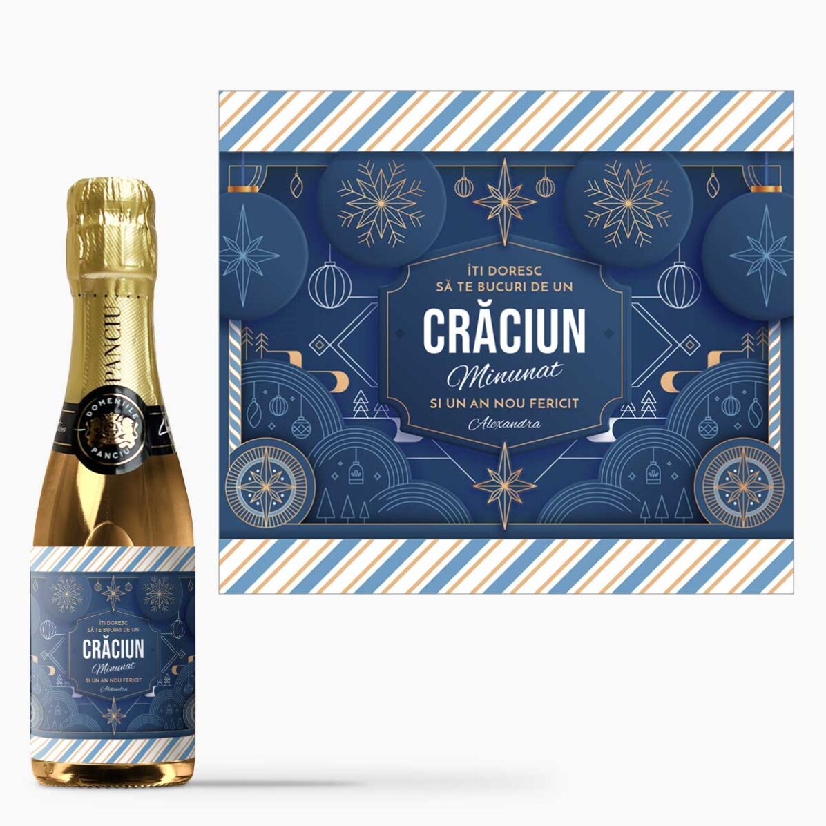 Mini sticluță de vin spumant personalizată cu text - Blue Christmas