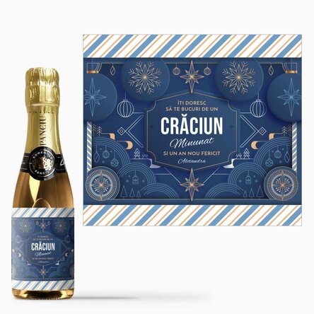 Mini sticluță de vin spumant personalizată cu text - Blue Christmas