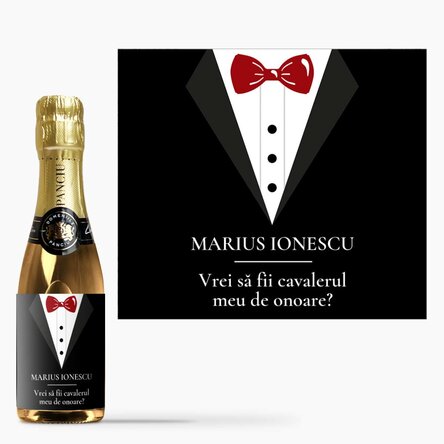 Mini sticluță de vin spumant personalizată cu text - Cavaler de onoare