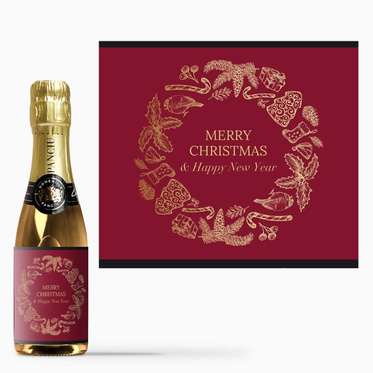 Mini sticluță de vin spumant personalizată cu text - Christmas Spirit