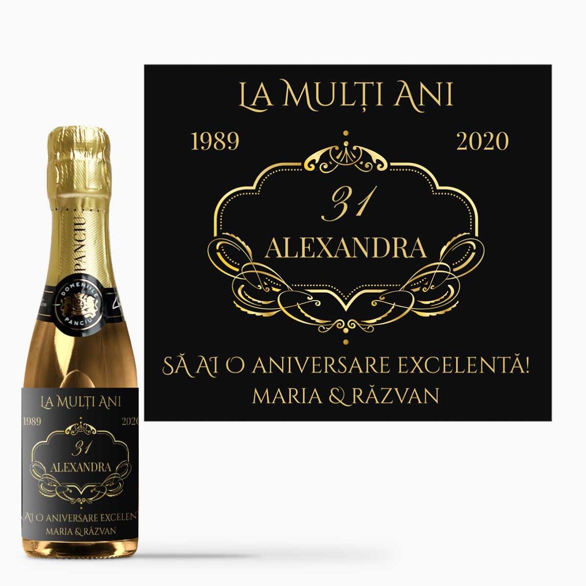 Mini sticluță de vin spumant personalizată cu text - Elegant