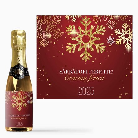 Mini sticluță de vin spumant personalizată cu text - Fulgi de nea