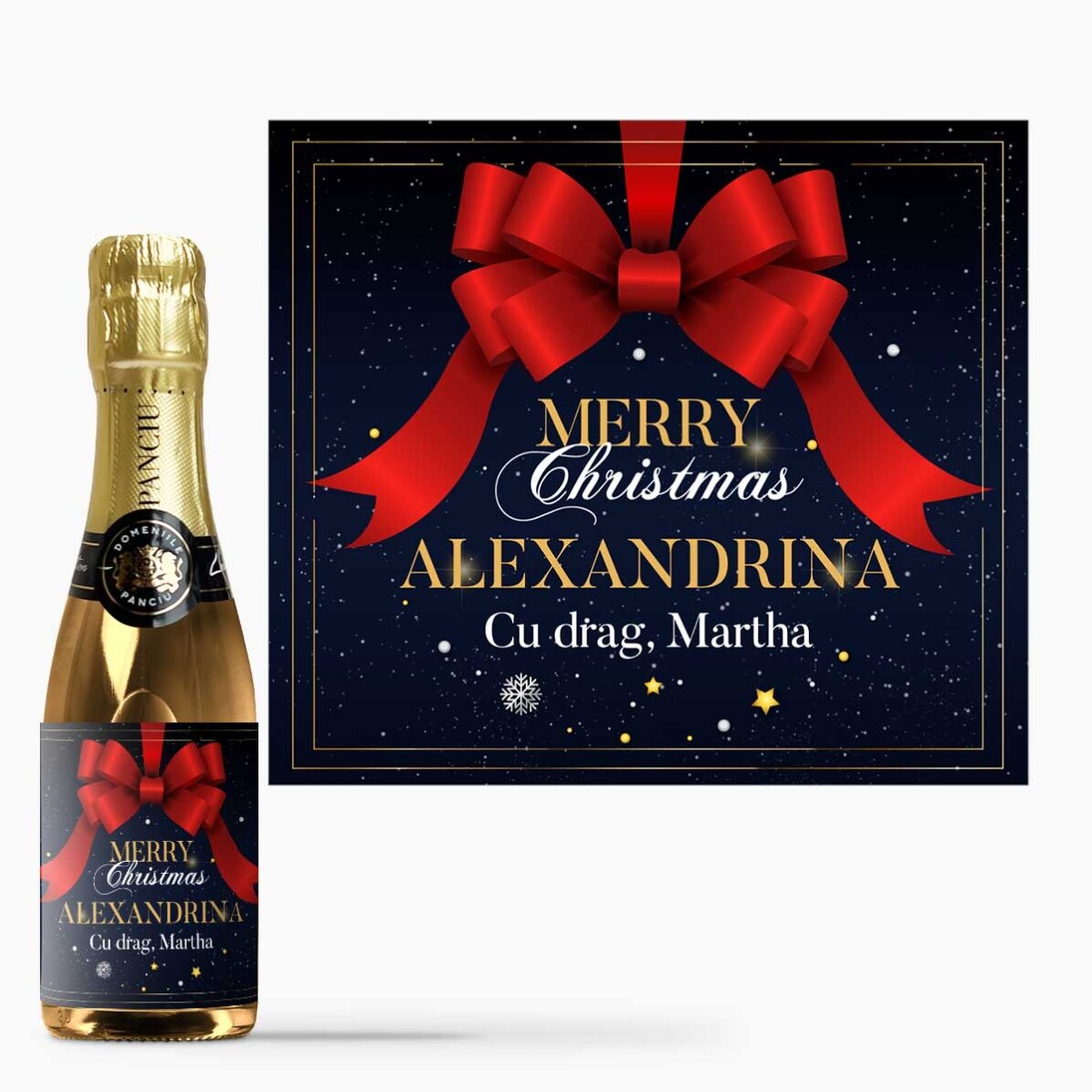 Mini sticluță de vin spumant personalizată cu text - Glamorous Christmas