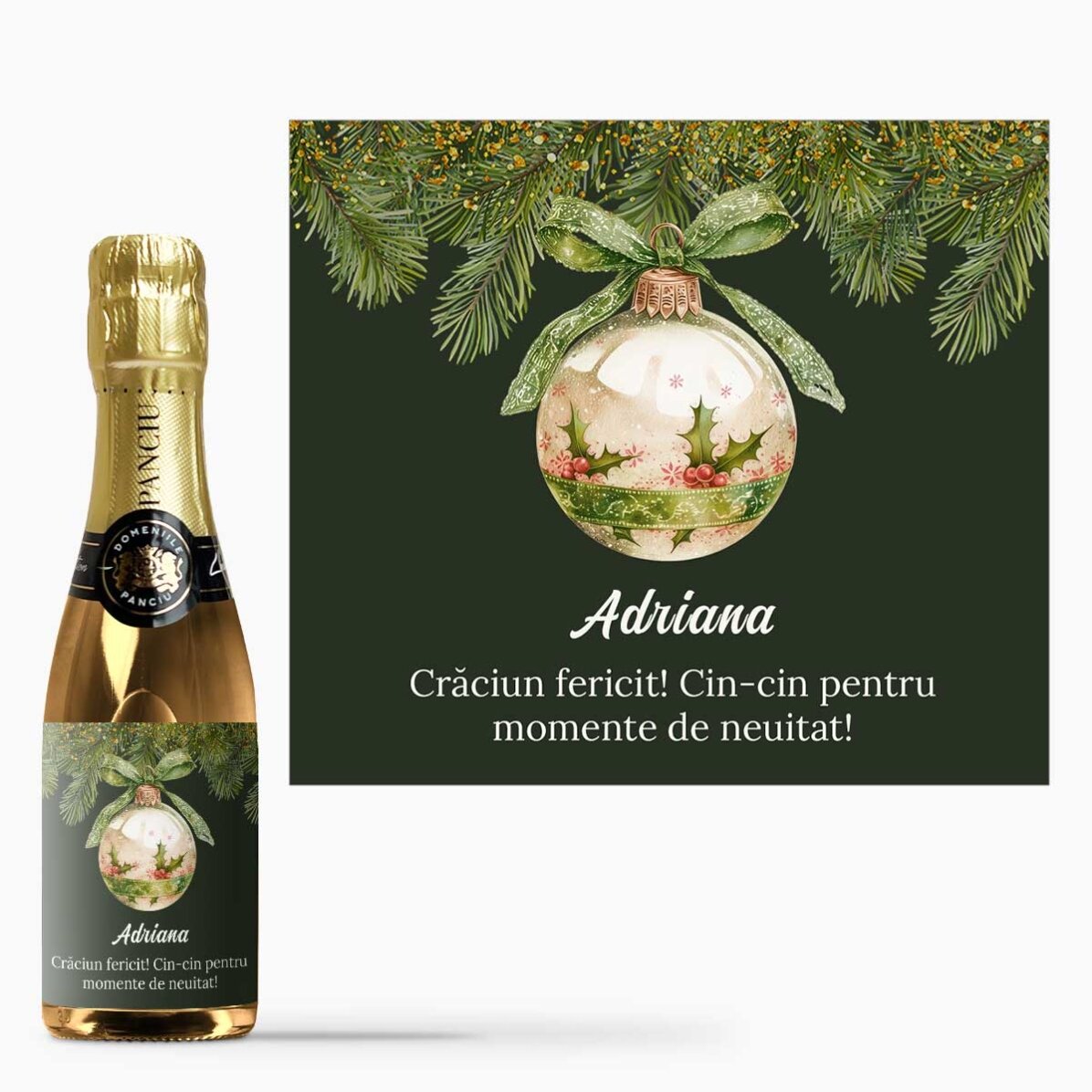 Mini sticluță de vin spumant personalizată cu text - Glob de Crăciun