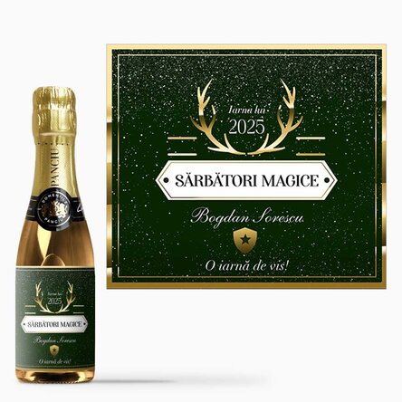 Mini sticluță de vin spumant personalizată  cu text - Golden Antlers