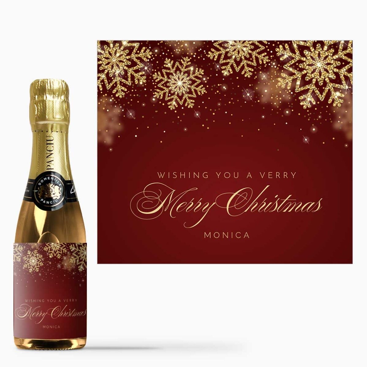 Mini sticluță de vin spumant personalizată cu text - Golden snowflakes
