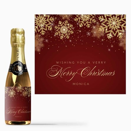 Mini sticluță de vin spumant personalizată cu text - Golden snowflakes