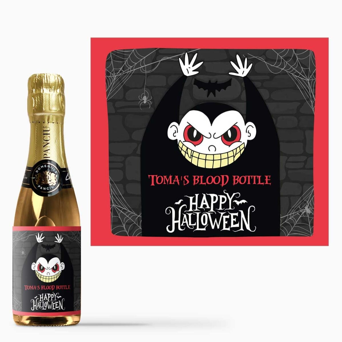 Mini sticluță de vin spumant personalizată cu text - Happy Halloween Dracula