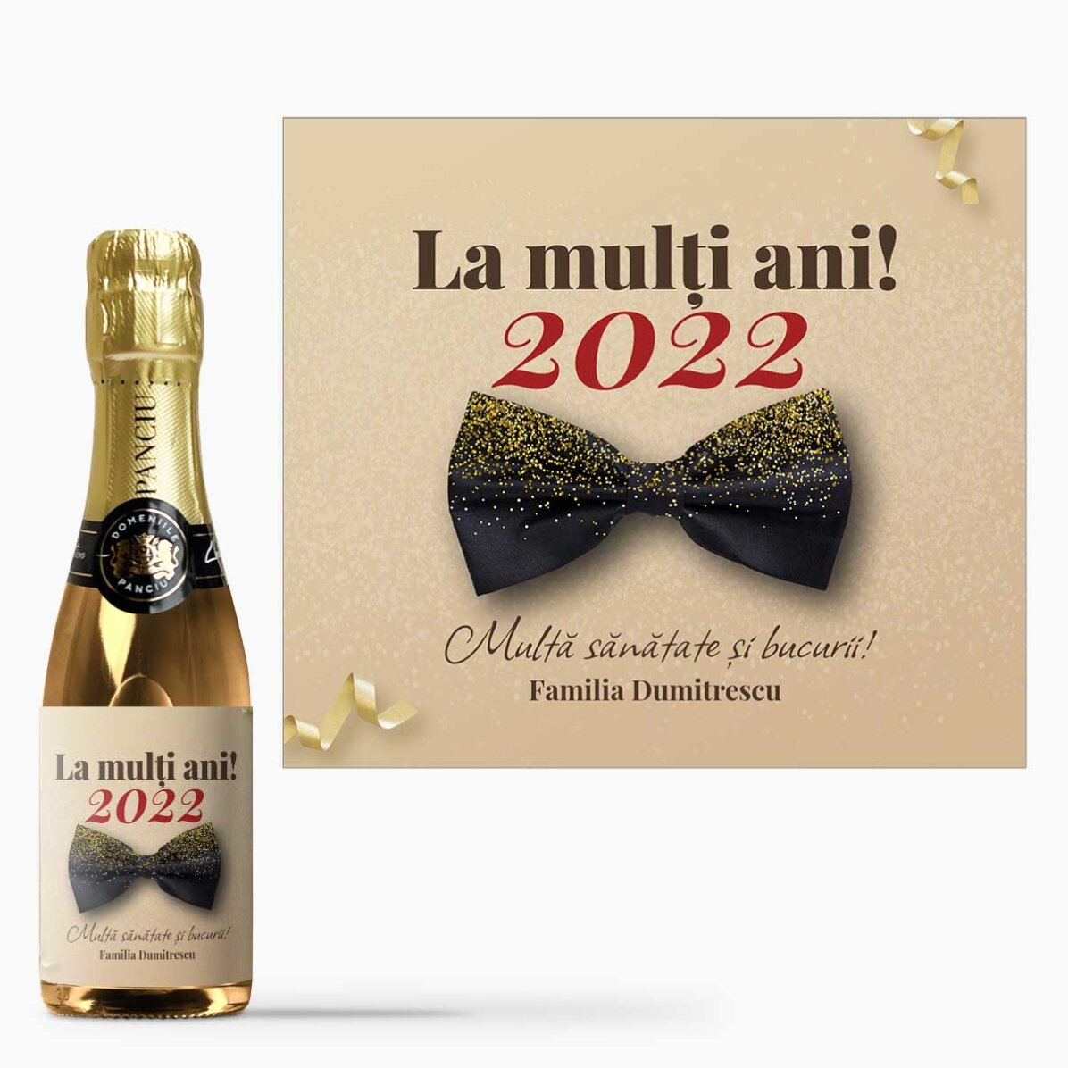 Mini sticluță de vin spumant personalizată cu text - La mulți ani! 2023 cu papion