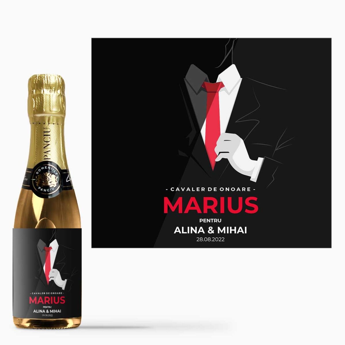 Mini sticluță de vin spumant personalizată cu text & nume - Cavaler de onoare