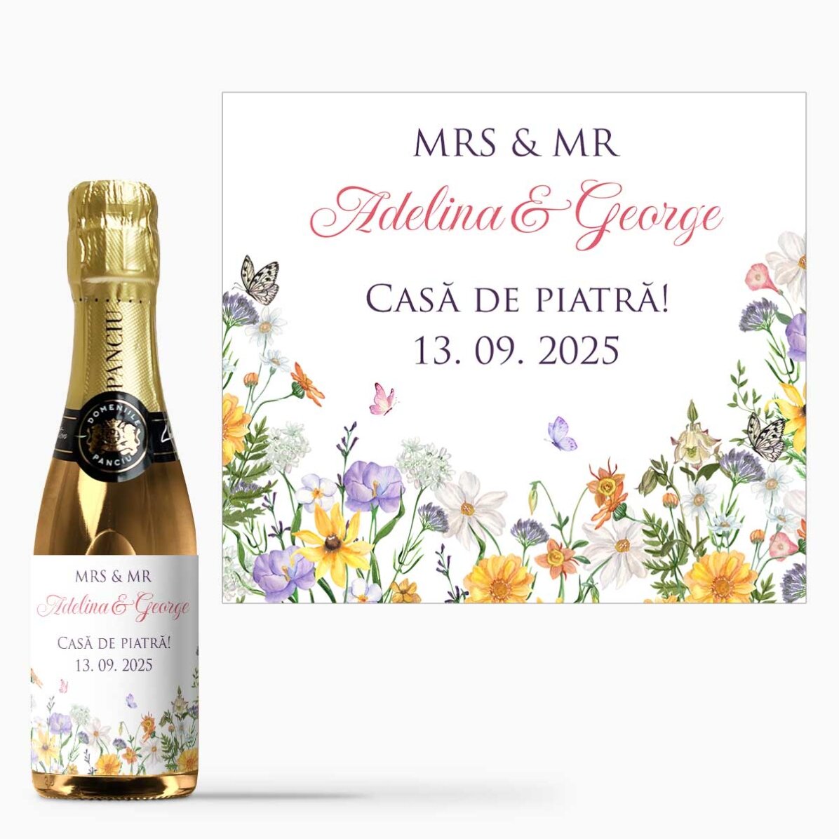 Mini sticluță de vin spumant personalizată cu text - Nuntă