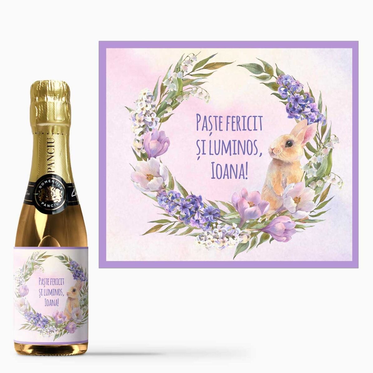 Mini sticluță de vin spumant personalizată cu text - Paște 