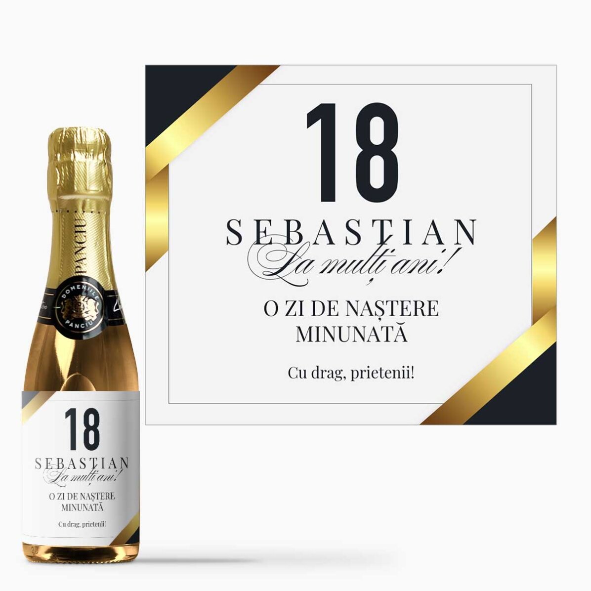 Mini sticluță de vin spumant personalizată  cu text pentru majorat