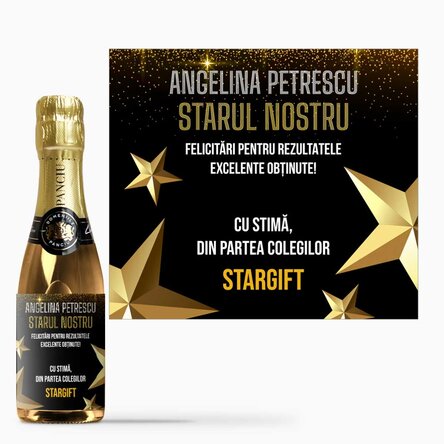 Mini sticluță de vin spumant personalizată cu text pentru pensionare