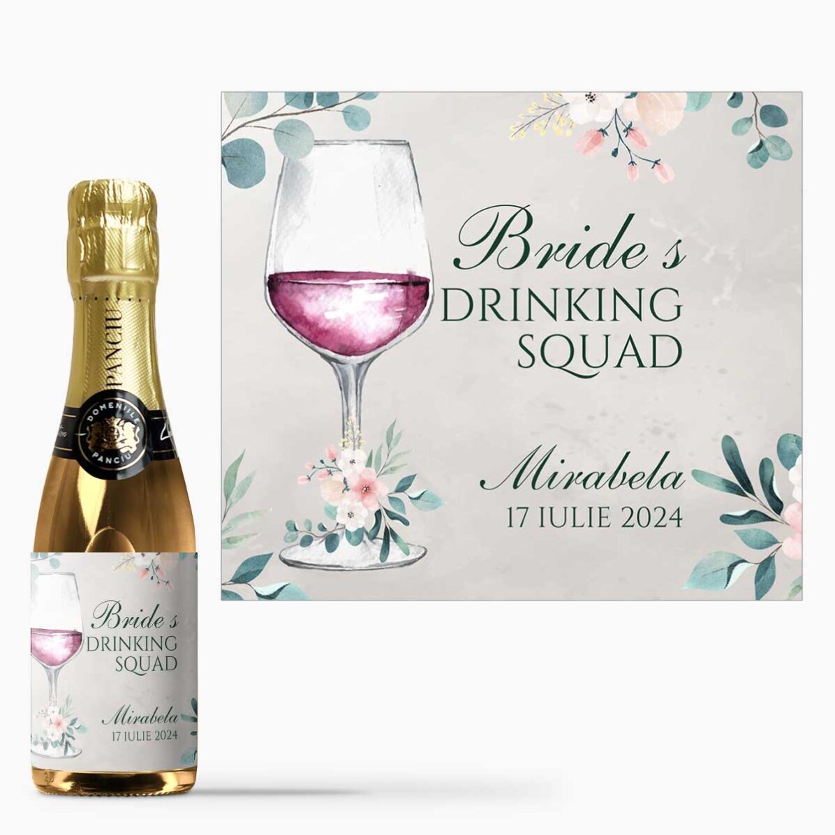 Mini sticluță de vin spumant personalizată cu text pentru petrecera burlăcițelor