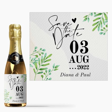 Mini sticluță de vin spumant personalizată cu text - Save the date
