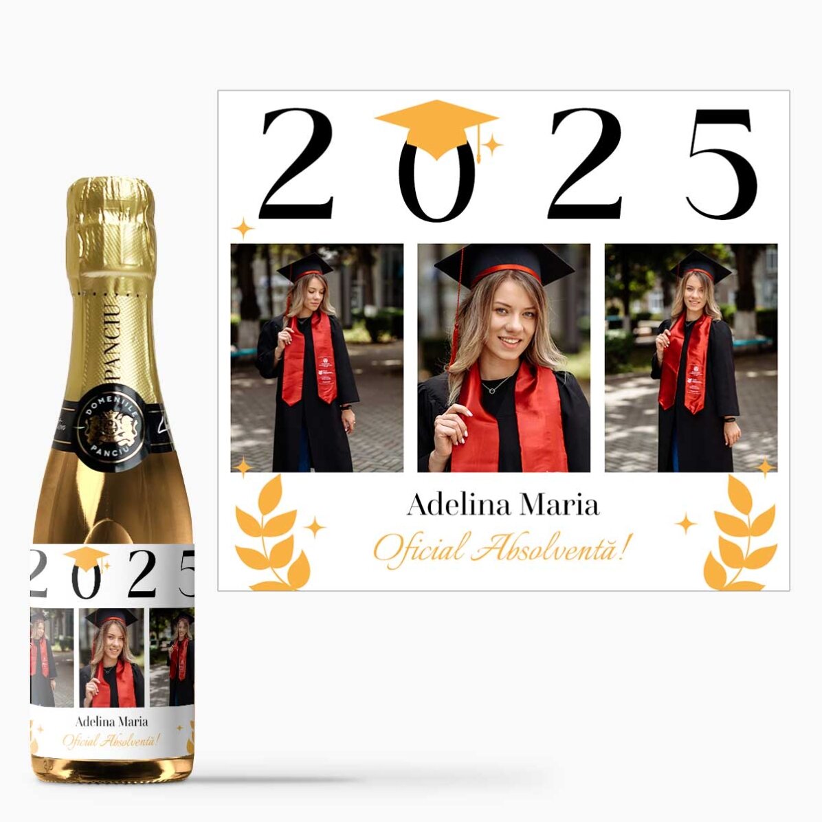 Mini sticluță de vin spumant personalizată cu text și 3 poze - Oficial Absolventă
