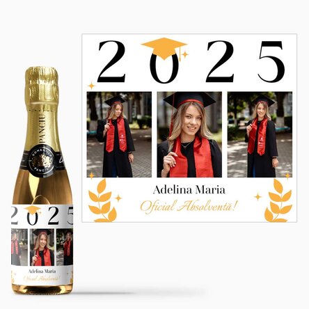 Mini sticluță de vin spumant personalizată cu text și 3 poze - Oficial Absolventă