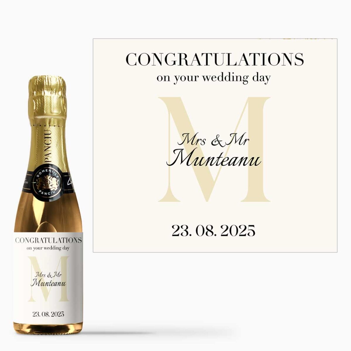 Mini sticluță de vin spumant personalizată cu text și inițială - Felicitări!