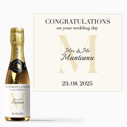 Mini sticluță de vin spumant personalizată cu text și inițială - Felicitări!