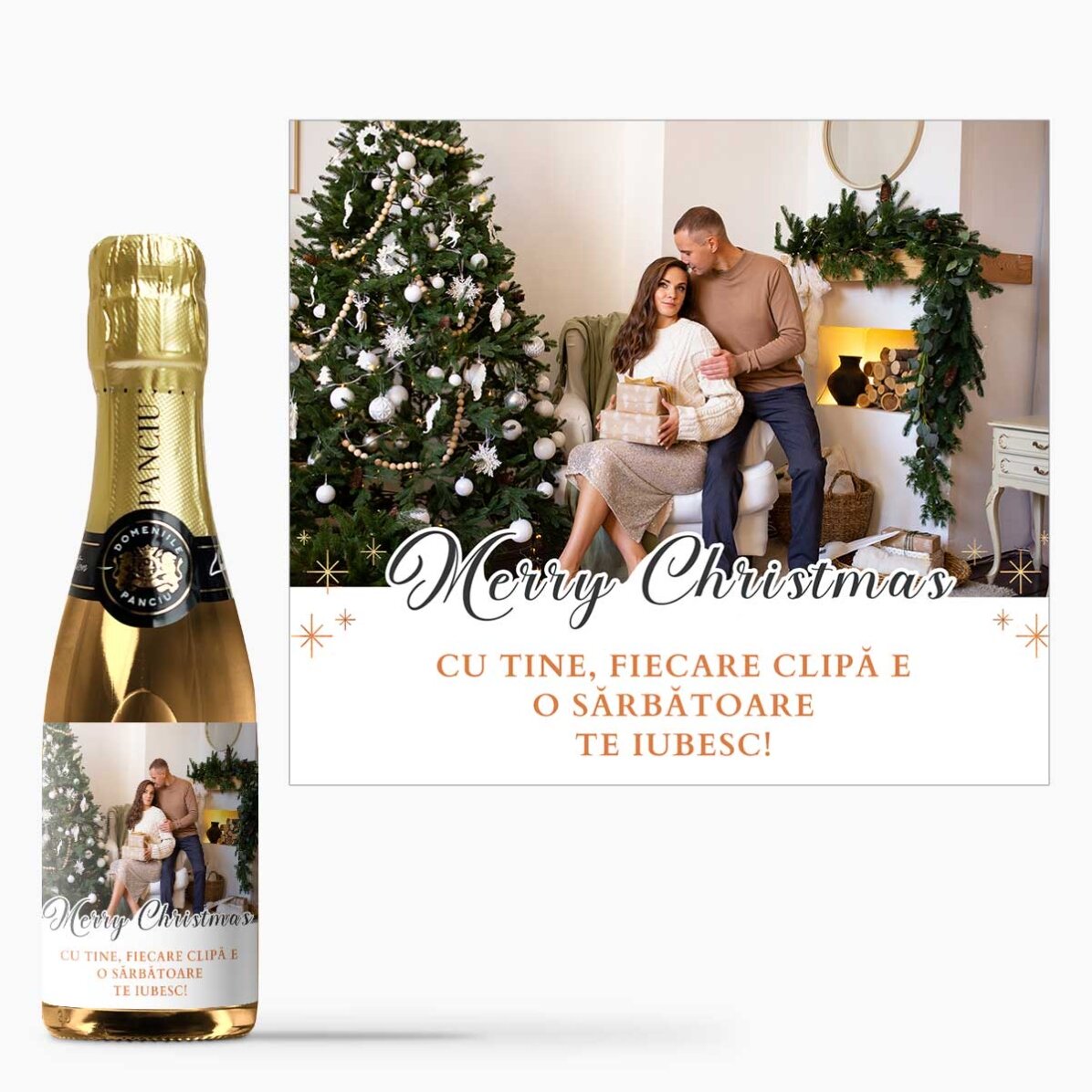 Mini sticluță de vin spumant personalizată cu text și o poză - Merry Christmas