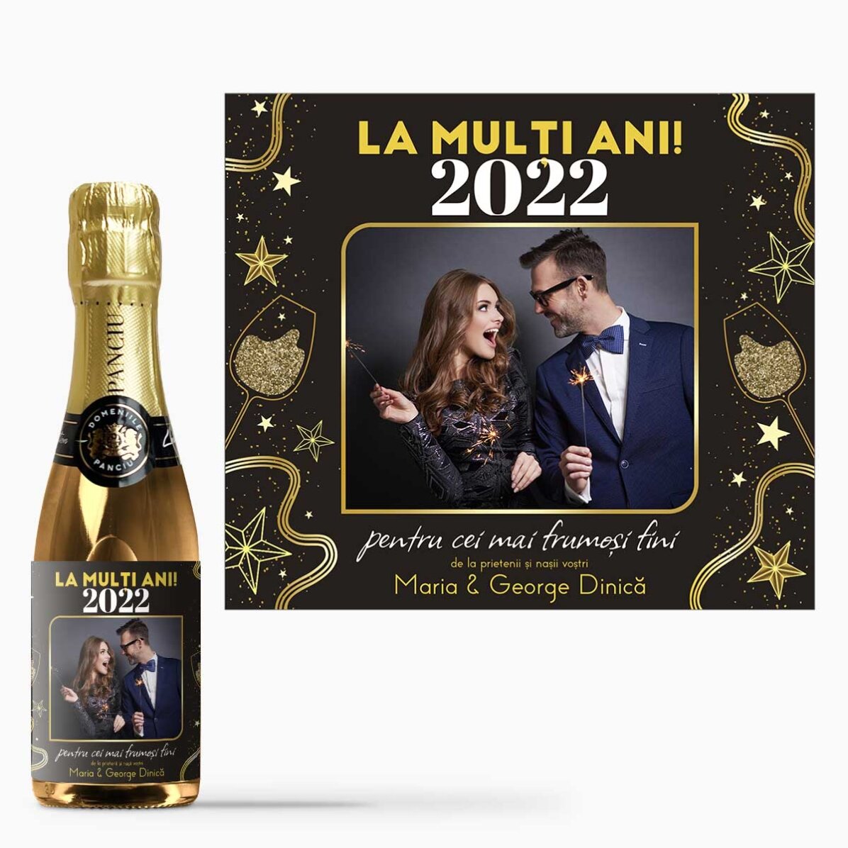Mini sticluță de vin spumant personalizată cu text și poză - La mulți ani! 2024