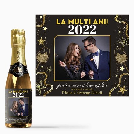 Mini sticluță de vin spumant personalizată cu text și poză - La mulți ani! 2024