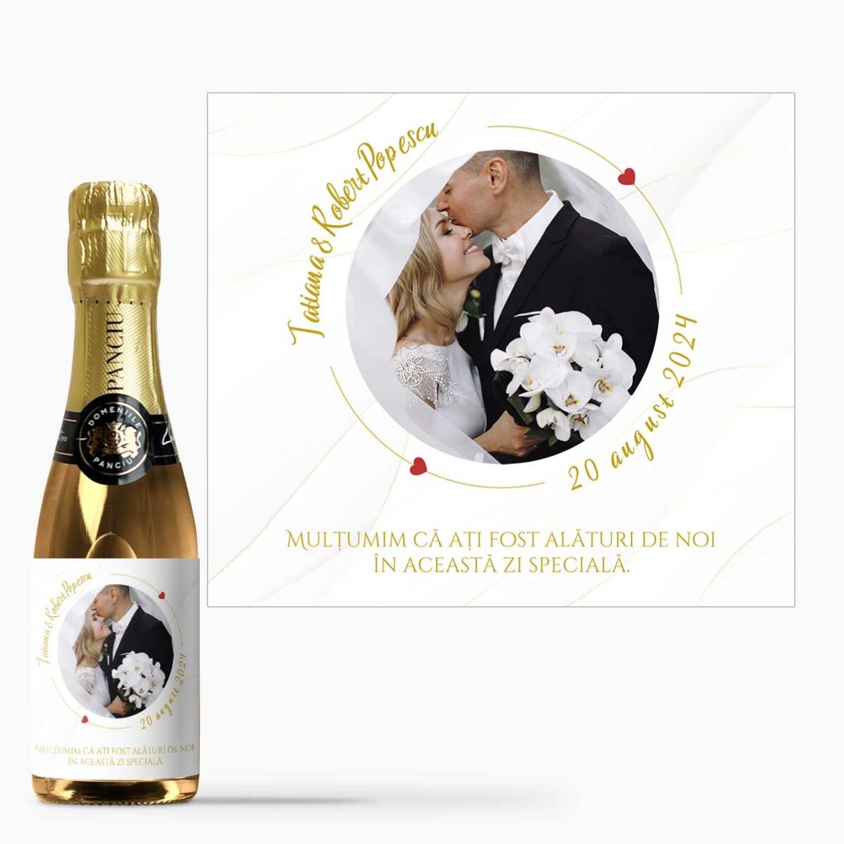 Mini sticluță de vin spumant personalizată cu text și poză - Our Wedding