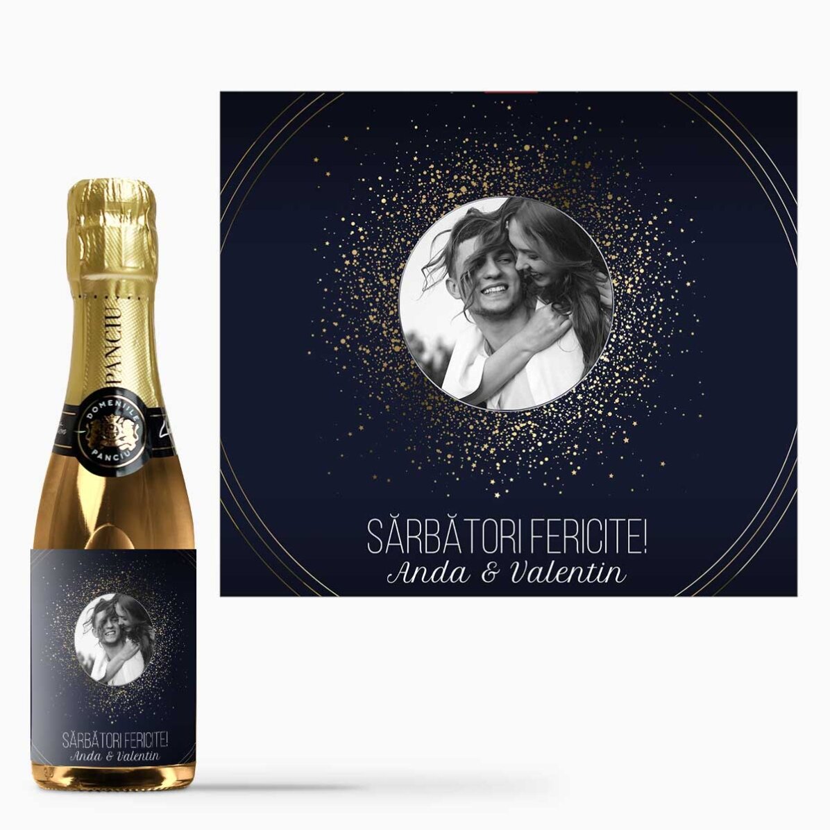 Mini sticluță de vin spumant personalizată cu text și poză - Sparks of Joy