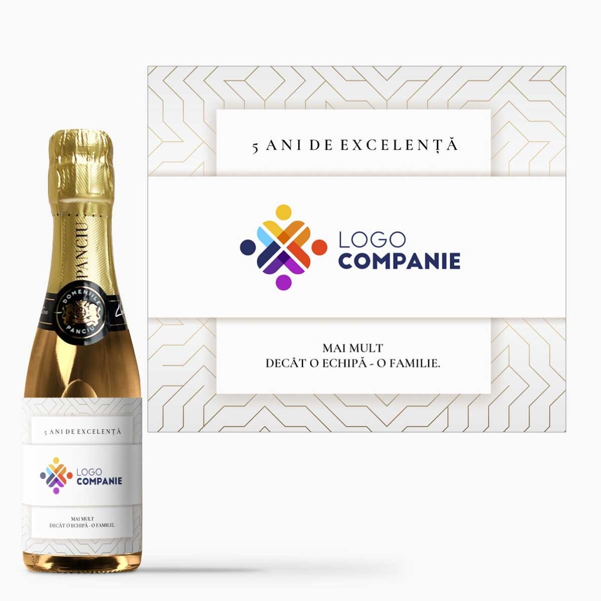 Mini sticluță de vin spumant personalizată cu text varianta white - Aniversare brand