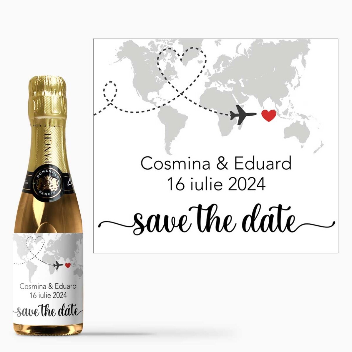 Mini sticluță de vin spumant personalizată save the date - Plane