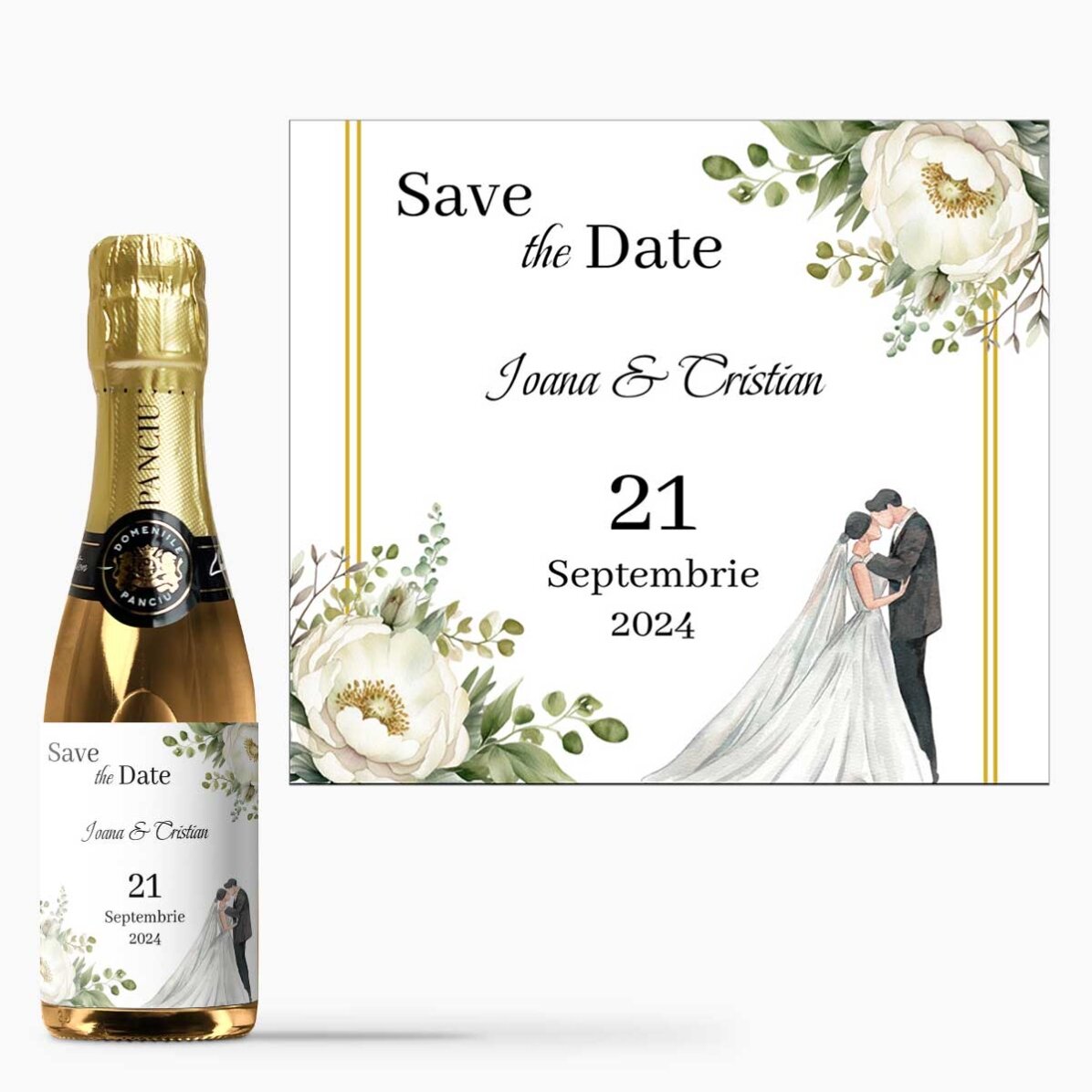 Mini sticluță de vin spumant personalizată save the date - Wedding