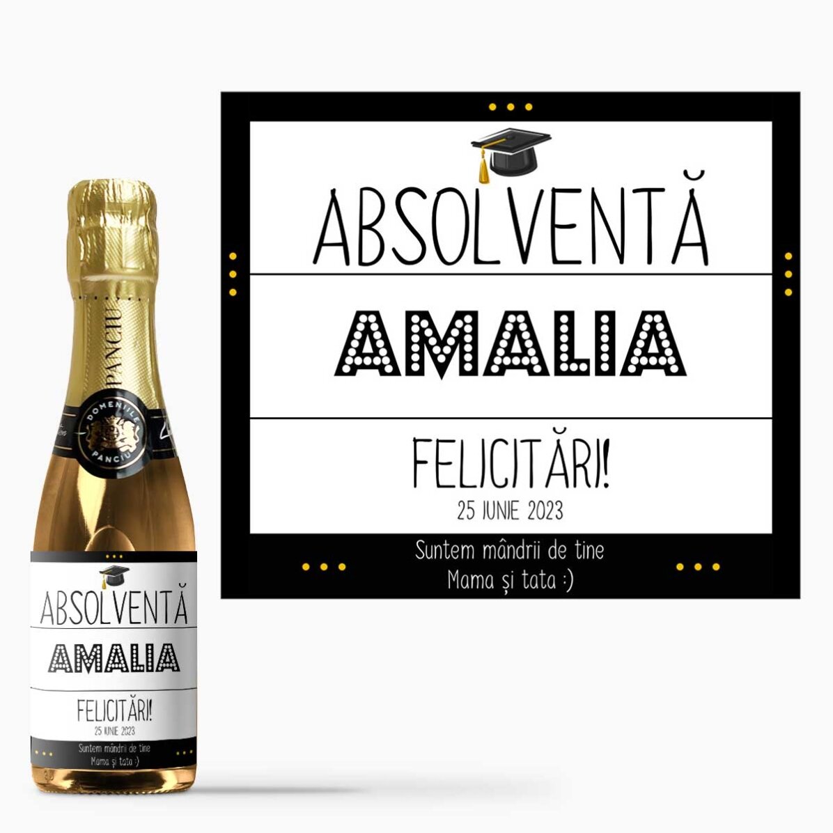 Mini sticluță de vin spumantpentru absolvire personalizată cu text - Deliciul absolvirii