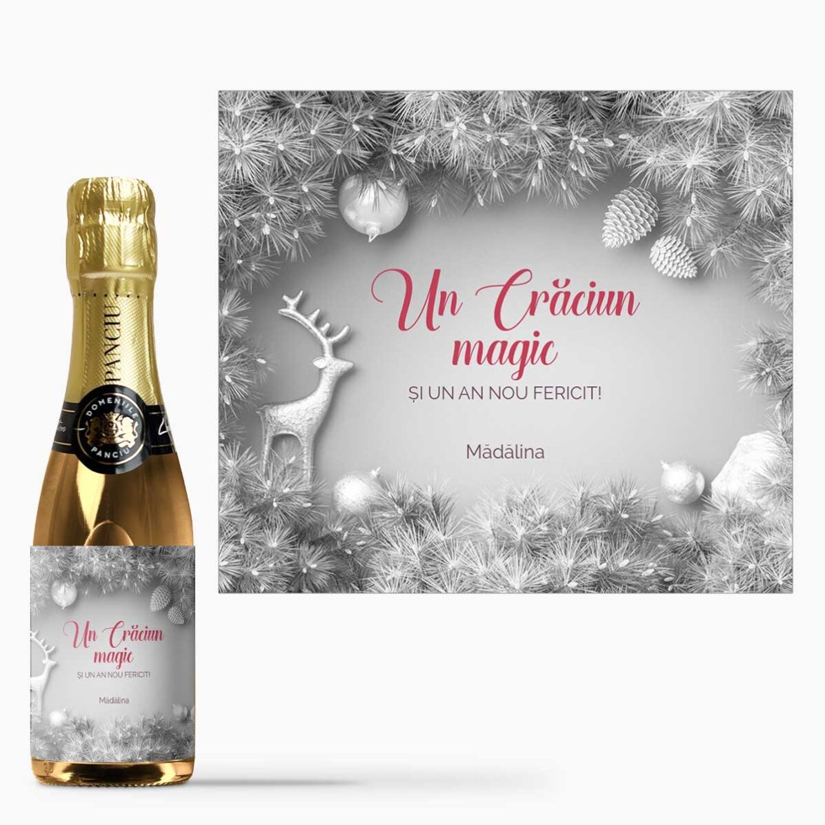Mini sticluță de vin spumantpersonalizată cu text - Silver Christmas