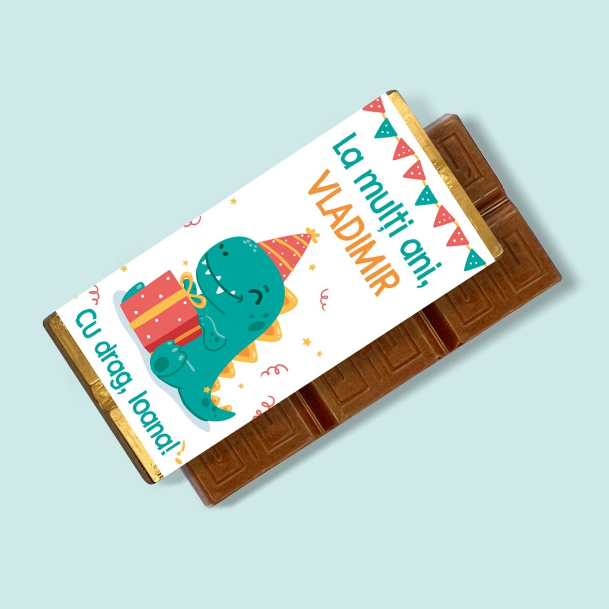 Mini tabletă de ciocolată personalizată cu mesaj - Happy Dino