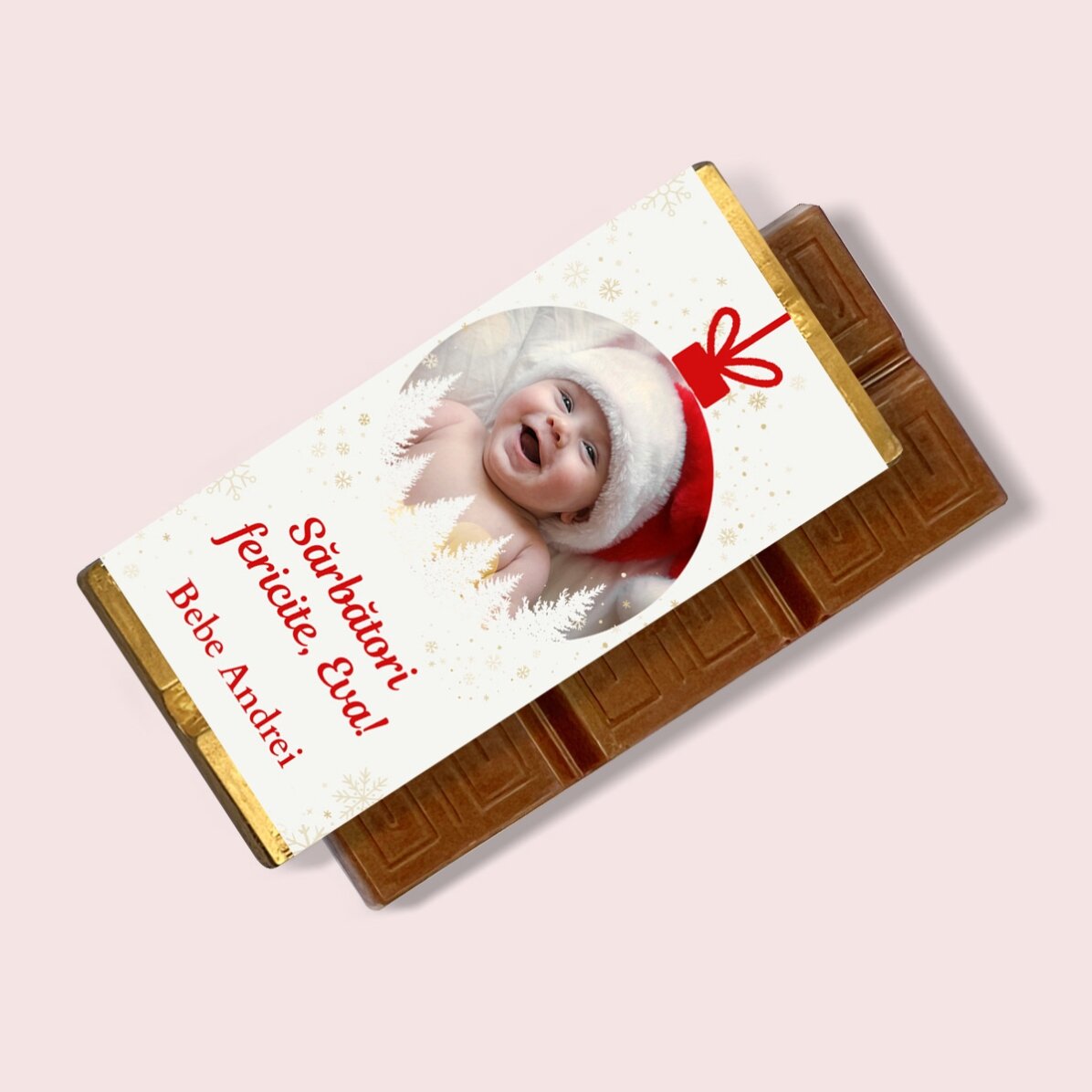 Mini tabletă de ciocolată personalizată cu o poză și mesaj - Glob de Crăciun