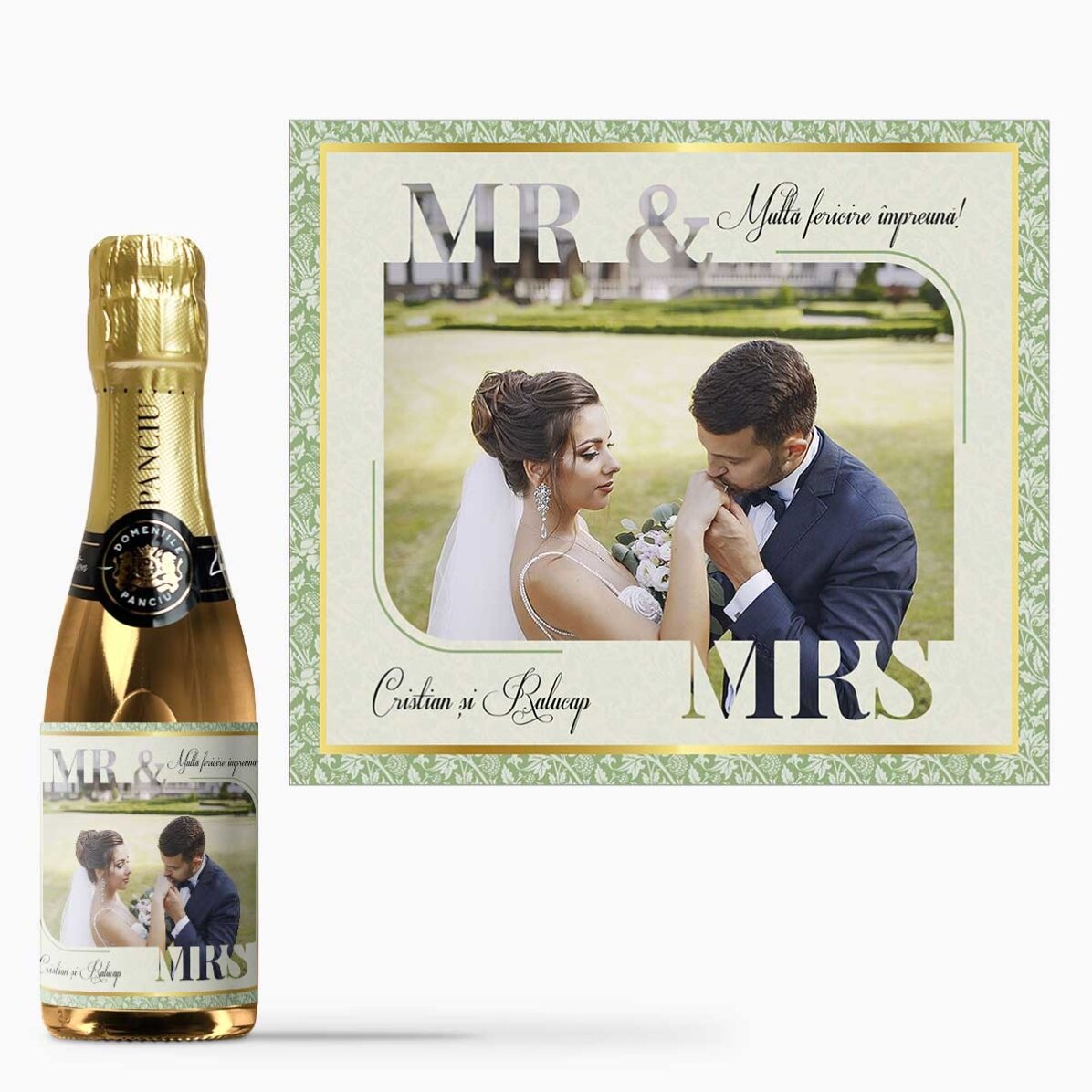 Mini sticluță de vin spumant personalizată cu poză și text - Mr. & Mrs.