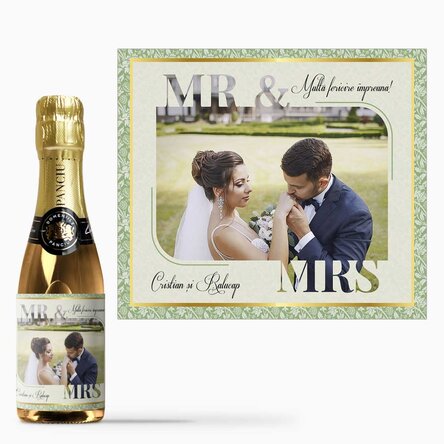 Mini sticluță de vin spumant personalizată cu poză și text - Mr. & Mrs.