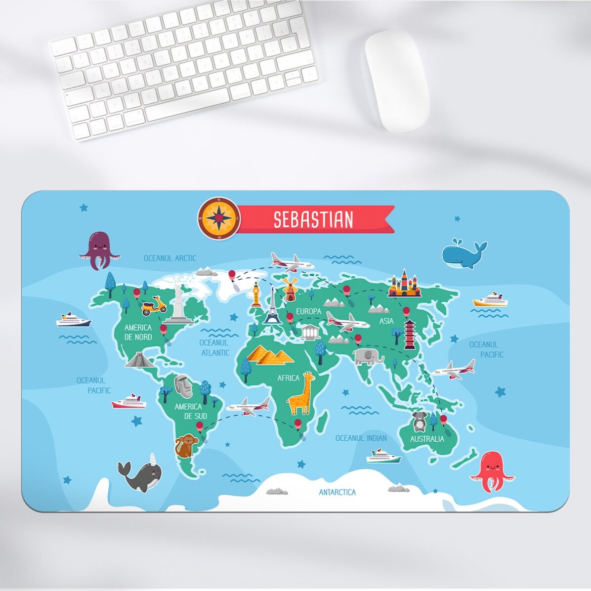Mouse pad XXL personalizat cu nume pentru copii - Harta lumii