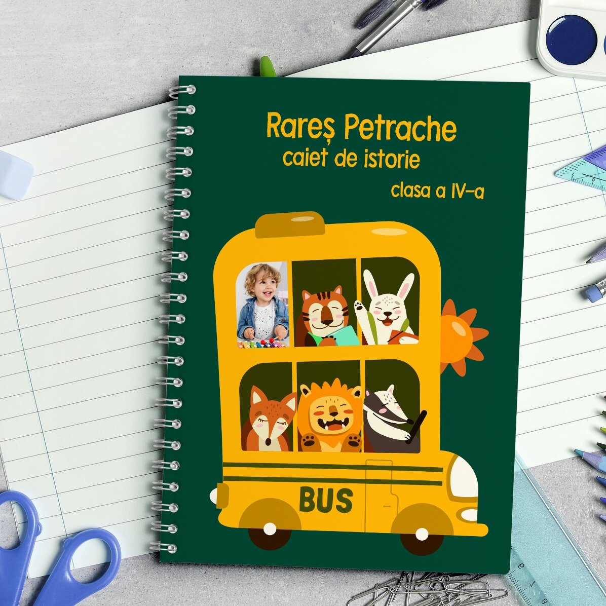 Notebook personalizat cu o poză și text - Autobuz