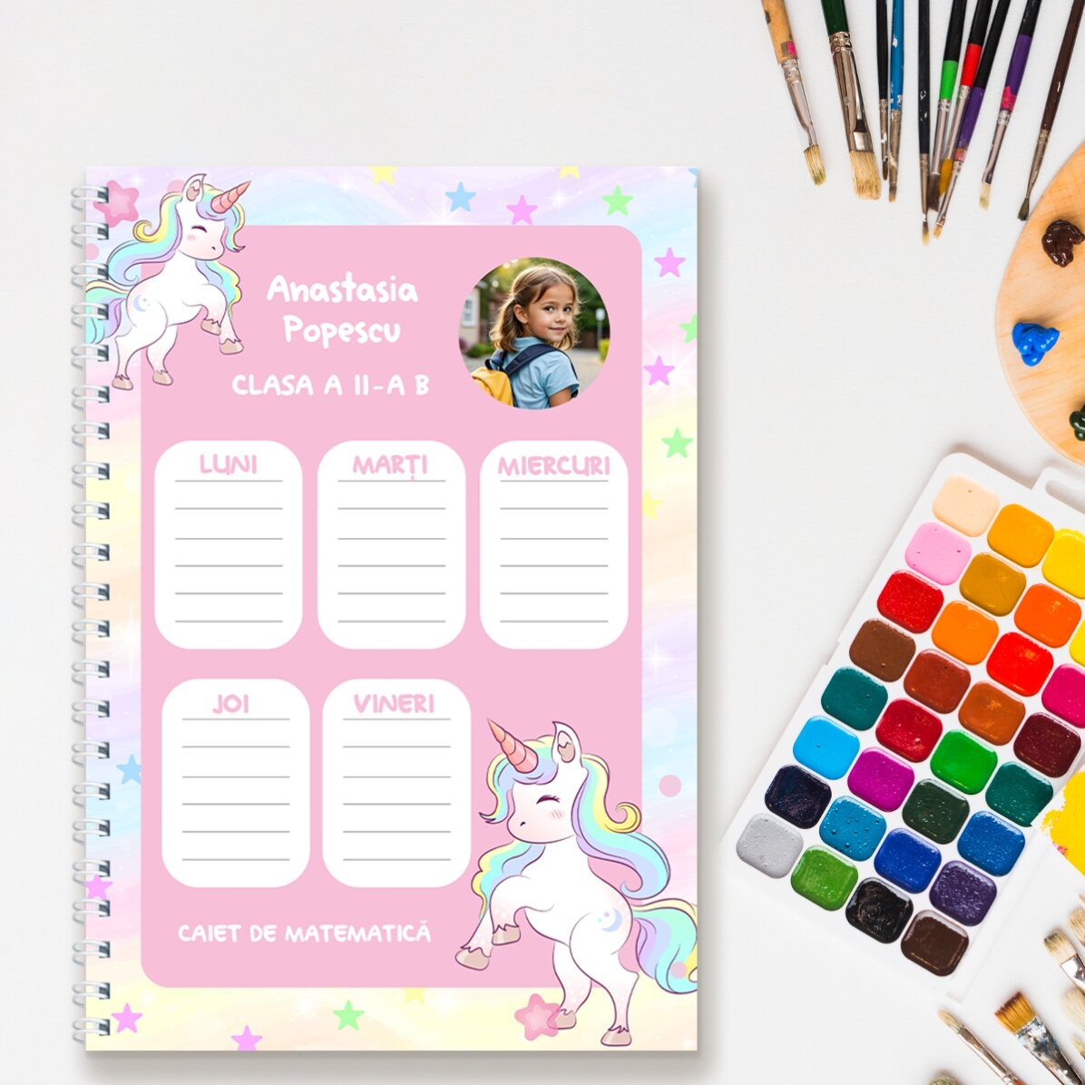 Notebook personalizat cu poză și text - Orar Unicorni