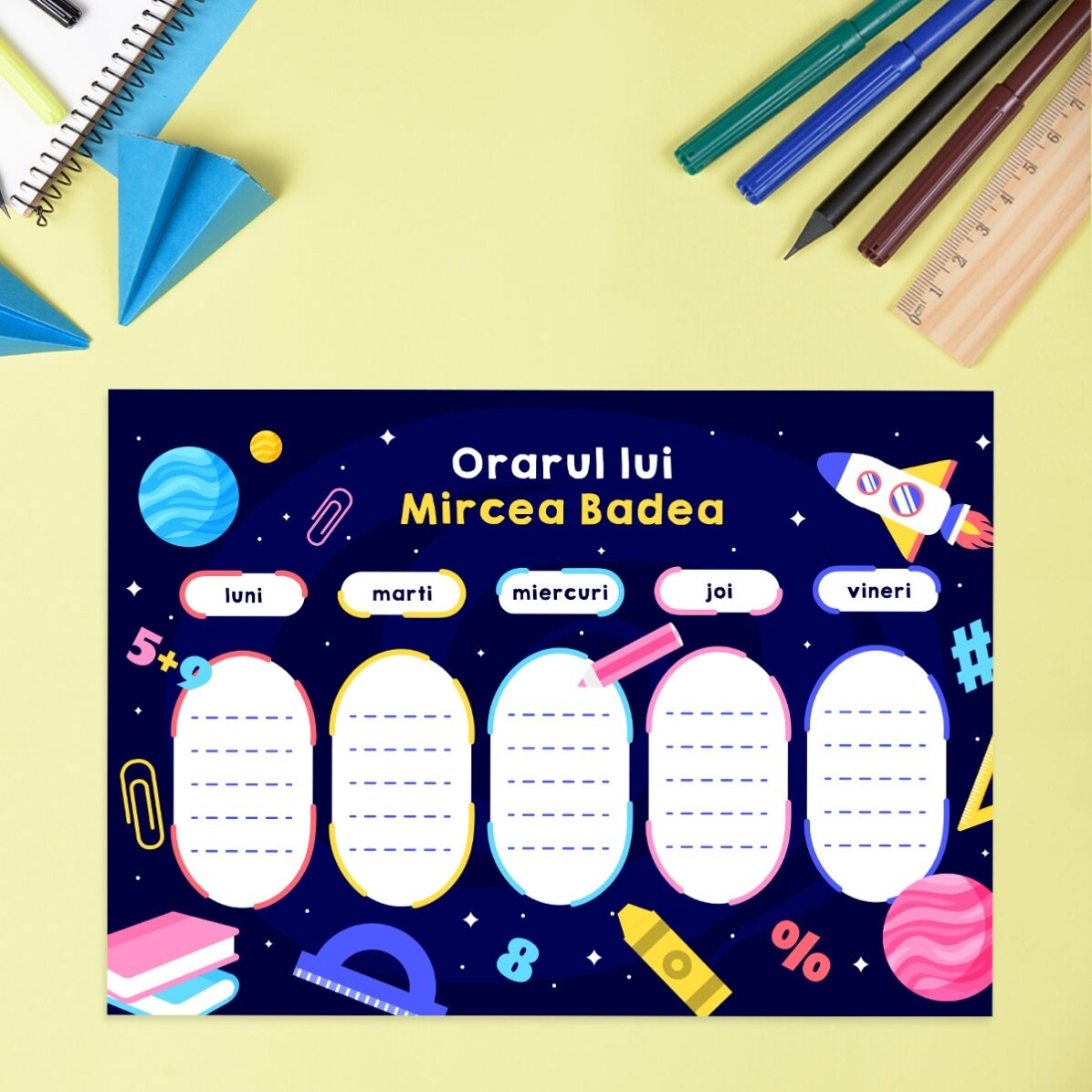 Orar personalizat cu nume - Space