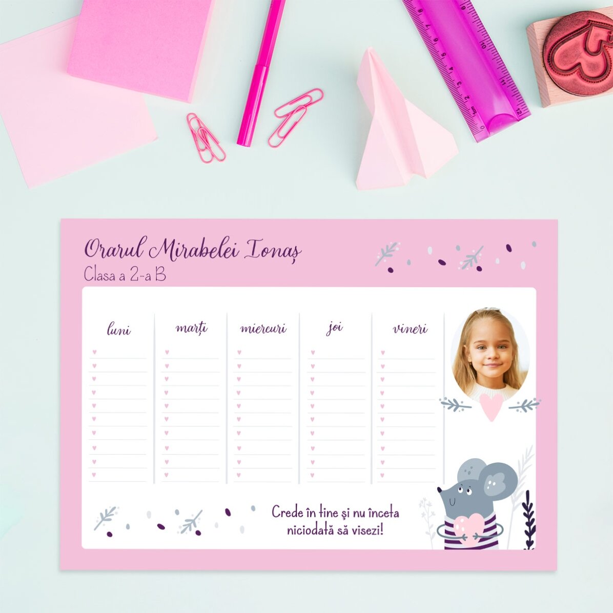 Orar personalizat cu o poză și text - Inimioare