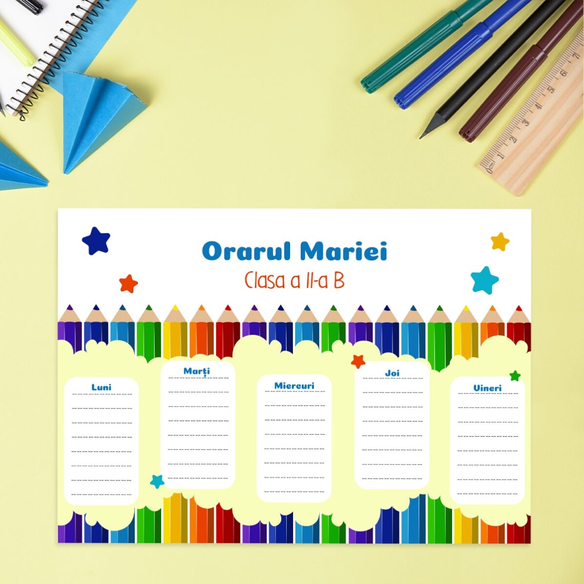 Orar personalizat cu text - Creioane colorate 