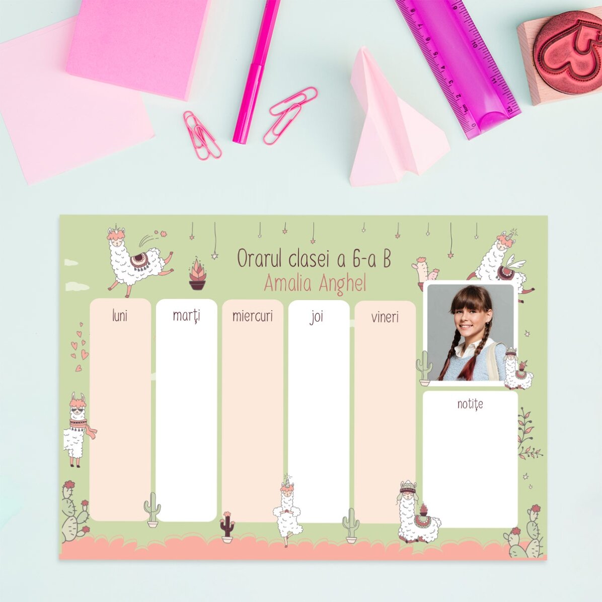 Orar personalizat cu text și poză - Llama