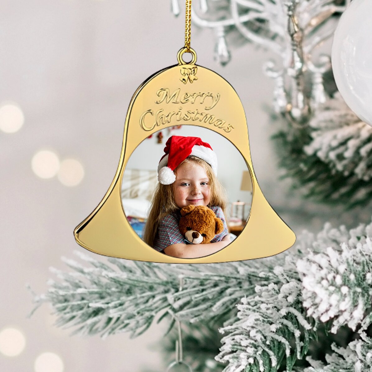Ornament de brad personalizat cu două poze - model Clopoțel