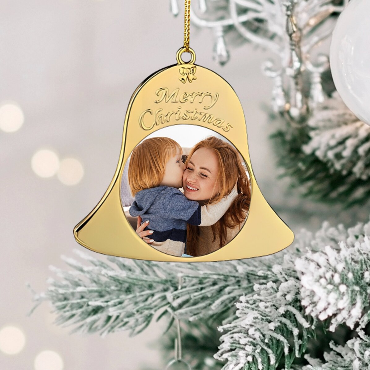 Ornament de brad personalizat cu două poze - model Clopoțel