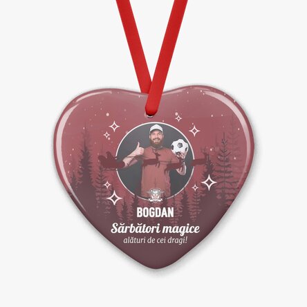 Ornament inimă FC Rapid personalizat cu poză și text - Peisaj de Crăciun