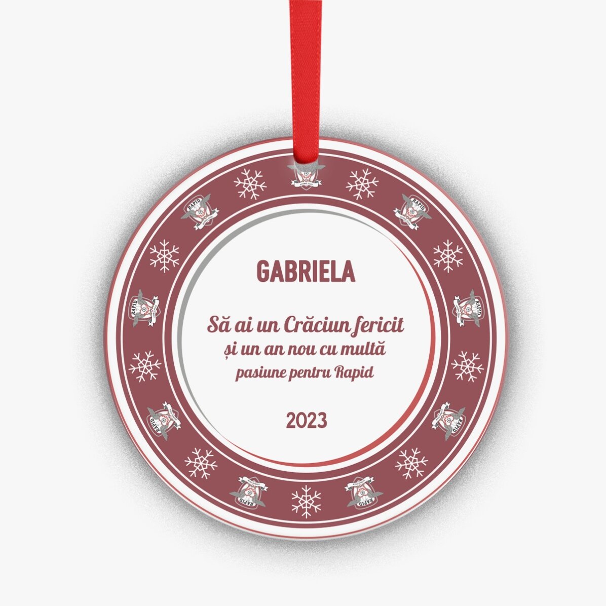Ornament rotund FC Rapid personalizat cu text - Fulgi de zăpadă